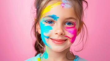 ai generado de cerca, bonito cara de un hermosa niño niña con multi colores vívido maquillaje en mínimo fondo, generativo ai foto