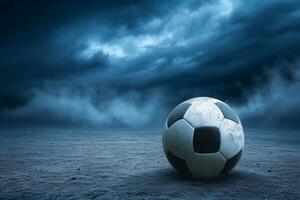 ai generado de cerca de antiguo fútbol pelota en el estadio en el noche luz, generativo ai foto