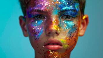 ai generado de cerca, bonito cara de un hermosa niño chico con multi colores vívido maquillaje en mínimo fondo, generativo ai foto