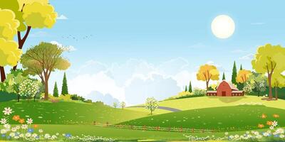 primavera campo paisaje con nube y cielo azul terminado bosque tres,vector dibujos animados escena rural naturaleza parque en soleado día verano, hermoso tierras de cultivo en campo para Pascua de Resurrección bandera antecedentes vector