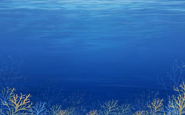 Underwater Scene in deep blue ocean for Summer Background with tropical seabed with reef and sunlight shining through water waves surface texture