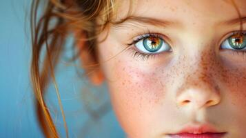 ai generado de cerca, bonito cara de un hermosa niño niña con multi colores vívido maquillaje en mínimo fondo, generativo ai foto