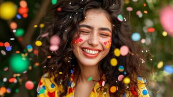 ai generado de cerca, retrato contento hermosa joven mujer, sano estilo de vida concepto, generativo ai foto