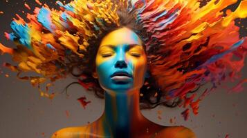 AI generated Woman face adorned with flowing paint art, multicolor explosion, Generative AI photo
