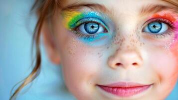 ai generado de cerca, bonito cara de un hermosa niño niña con multi colores vívido maquillaje en mínimo fondo, generativo ai foto