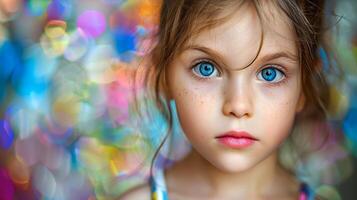 AI generated Close-up, Pretty face of a beautiful child girl with multi colors vivid makeup on minimal background, Generative AI photo