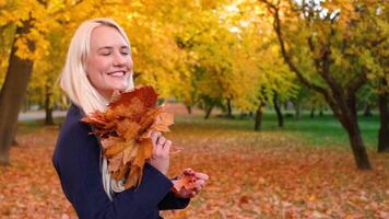 mooi jong blond vrouw met lang haar, in een blauw jas en met een boeket van herfst bladeren in haar handen, glimlacht en poses in een herfst park video