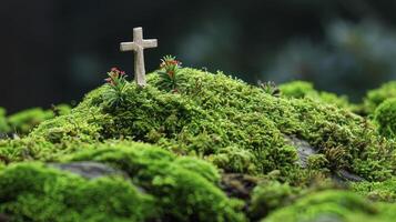 AI generated Easter Resurrection Miniature, Cross atop Mossy Hill Creates Serene Scene of Renewal photo