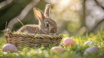 AI generated Adorable Easter Bunny, A Small and Beautiful Baby Rabbit Rests in a Basket on a Lush Green Lawn, Surrounded by Colorful Easter Eggs photo