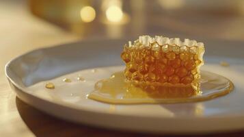 AI generated A piece of honey in a honeycomb lies on a plate with liquid photo