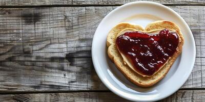ai generado reconfortante desayuno, tostado en forma de corazon un pan coronado con un porción de maní mantequilla y oscuro rojo mermelada, presentado en un blanco plato en contra un de madera mesa foto