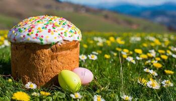 Easter egg panettone bread cake background Happy easter spring holiday tulip photo