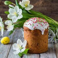 Easter egg panettone bread cake background Happy easter spring holiday tulip photo