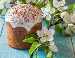 Easter egg panettone bread cake background Happy easter spring holiday tulip photo