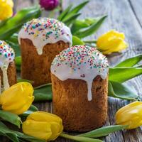 Easter egg panettone bread cake background Happy easter spring holiday tulip photo