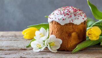 Easter egg panettone bread cake background Happy easter spring holiday tulip photo