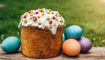 Pascua de Resurrección huevo Panettone un pan pastel antecedentes contento Pascua de Resurrección primavera fiesta tulipán foto