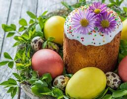 Easter egg panettone bread cake background Happy easter spring holiday tulip photo