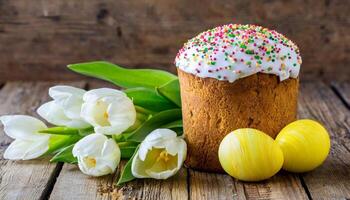 Easter egg panettone bread cake background Happy easter spring holiday tulip photo