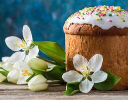 Easter egg panettone bread cake background Happy easter spring holiday tulip photo