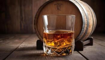 AI generated glass of Scotch whiskey with a barrel. On a wooden background photo