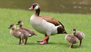 AI generated Egyptian goose, alopochen aegyptiacus,and babies walking on the grass near the water photo