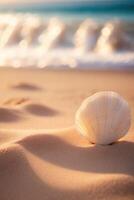 AI generated a shell on the sand with waves in the background photo