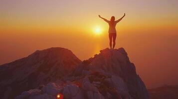 AI generated Woman on Mountain Peak with Sunrise. Success, New, Successful, Succeed, Victory, Women Day, Freedom photo