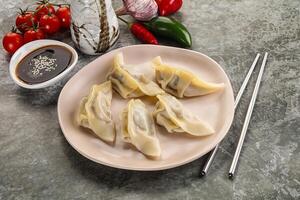 Japanese cuisine - dumplings gyoza with sauce photo