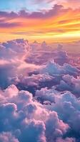 AI generated Sky Full of Clouds and Sunset from Plane Window. Cloud, Aeroplane, Nature, Landscape, Weather, Light, Air photo