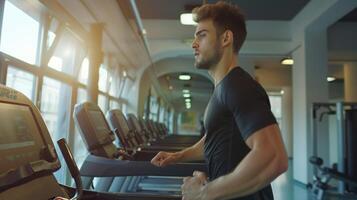 AI generated Handsome Man Working Out at Gym, Running on Treadmill and Doing Fitness Exercises. Health photo