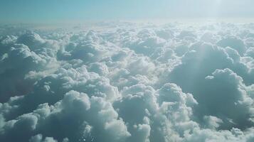 ai generado cielo lleno de nubes desde avión ventana. nube, avión, naturaleza, paisaje, clima, luz, aire foto