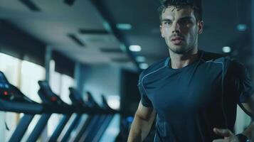 AI generated Handsome Man Working Out at Gym, Running on Treadmill and Doing Fitness Exercises. Health photo