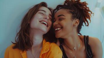 AI generated Interracial Best Friends Laughing Together. Friend, Friendship, DEIB, Diversity, Excitement, Unity photo