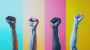 AI generated Fists Raised. Hand, Fist, DEIB, Diversity, Equity, Inclusion, Belonging, Equality, Protest, Union photo
