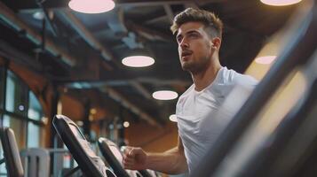 AI generated Handsome Man Working Out at Gym, Running on Treadmill and Doing Fitness Exercises. Health photo