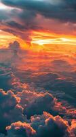 AI generated Sky Full of Clouds and Sunset from Plane Window. Cloud, Aeroplane, Nature, Landscape, Weather, Light, Air photo