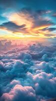 AI generated Sky Full of Clouds and Sunset from Plane Window. Cloud, Aeroplane, Nature, Landscape, Weather, Light, Air photo