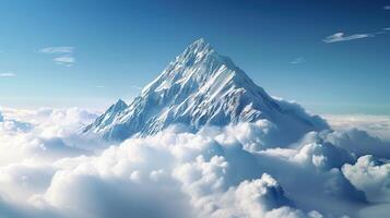 ai generado enorme Nevado montaña pico encima el nubes con azul cielo. paisaje, nieve, objetivo, meta, hielo foto