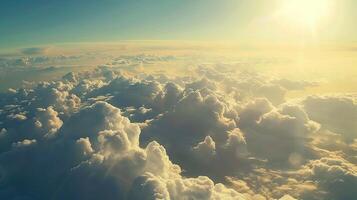 AI generated Sky Full of Clouds from Plane Window. Cloud, Aeroplane, Nature, Landscape, Weather, Light, Air photo