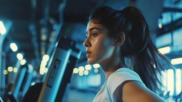 ai generado hermosa mujer trabajando fuera a gimnasia, corriendo en rueda de andar y haciendo aptitud ejercicios. salud foto