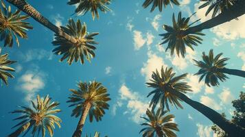 AI generated Blue Sky and Palm Tree. Beach, Summer, Vacation, Travel, Tropical, Sea, Holiday, Island, Cloud, Day photo