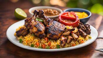 AI generated jerk chicken plate, jamaican food photo
