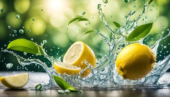 AI generated Water splashing on lemons and green tea leaf photo