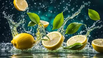 AI generated Water splashing on lemons and green tea leaf photo