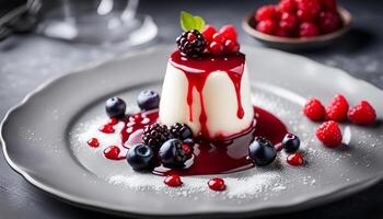 AI generated Panna Cotta with red berry sauce on a dark background. photo