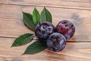 Raw purple plums heap with leaves photo
