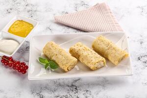 Homemade stuffed pancakes with honey and cream sour photo