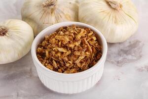 Dried roasted onion flakes for culinary photo