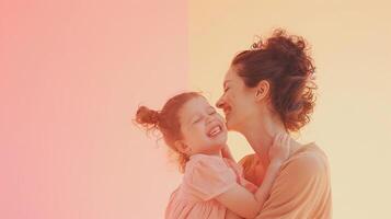 AI generated Happy Mother and Kid on the minimalist Pastel Background with Copy Space. Mother Day, Women Day photo